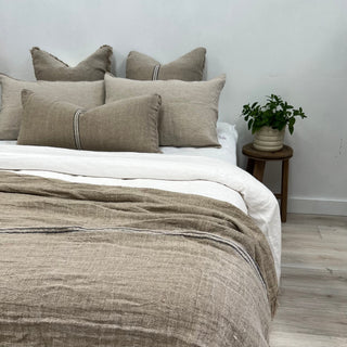 Angaston Handloomed Linen Bed Throw - Blue Stripe Fringed